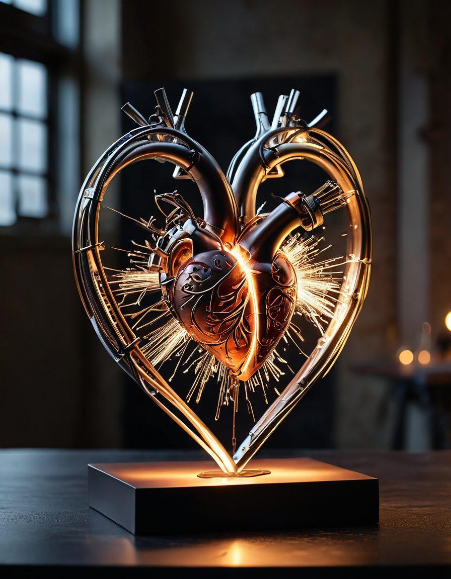 A surreal scene depicting a heart sculpted from intertwined metal pieces, with sparks flying as a welder shapes a love emblem. In the background, various tools and raw materials are arranged artistically, symbolizing the journey from raw to refined. Soft warm light casts an inviting glow, enhancing the emotional connection. Super-realistic. Vibrant colors. Industrial style.