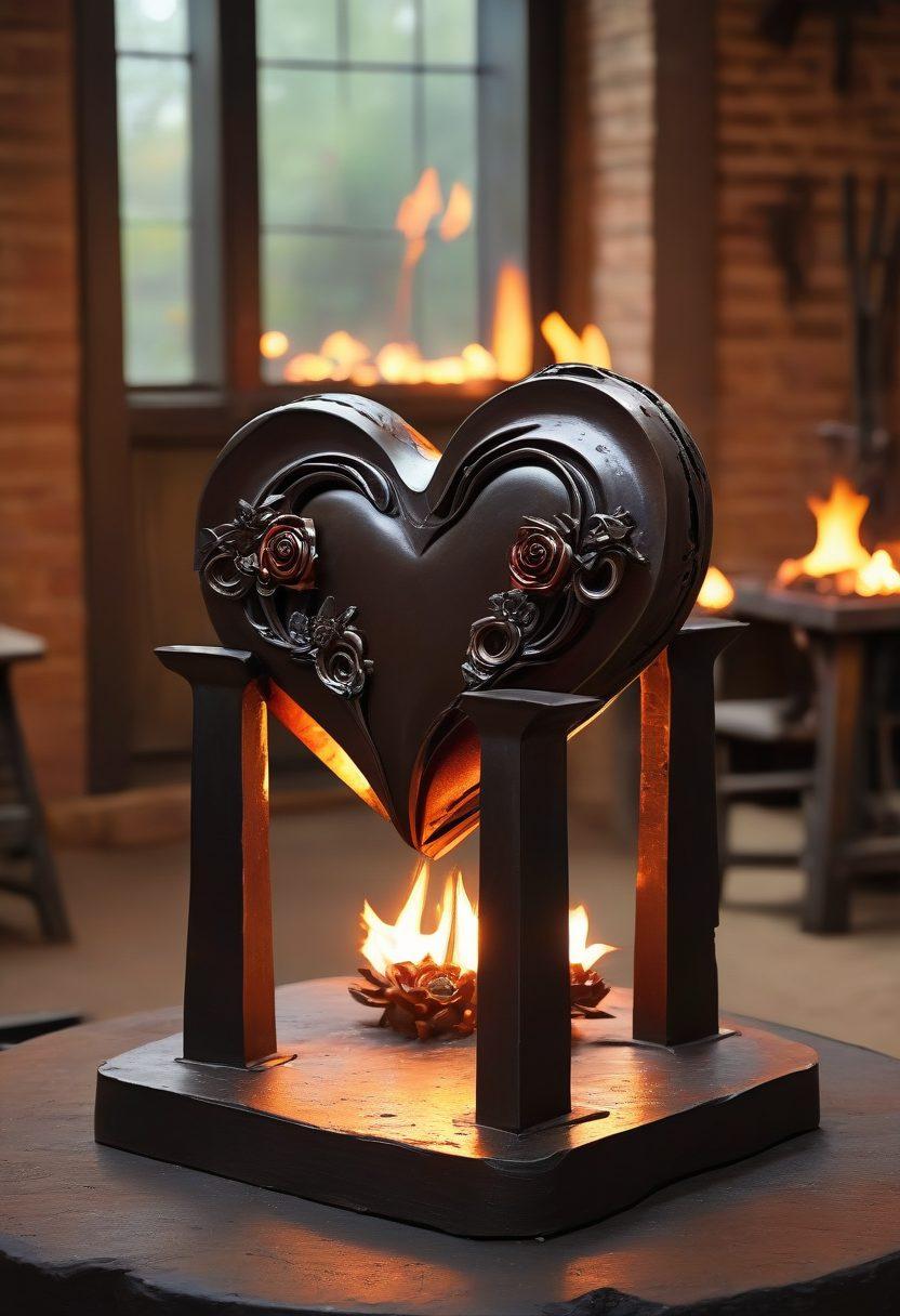 A heart-shaped anvil surrounded by glowing forged steel roses, beams of soft light illuminating the scene, symbolizing the strength of love. In the background, a passionate blacksmith works at a forge, creating masterpieces of romance from molten metal. The color palette should blend warm reds and soft browns to evoke warmth and passion. super-realistic. vibrant colors.